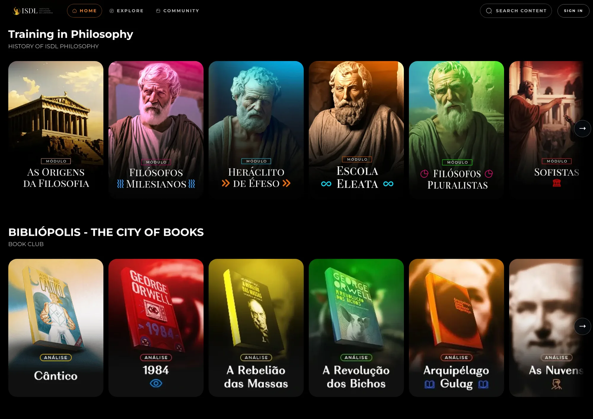 A philosophy training platform built on Orbit, showing module cards and a book club row in a dark, fully branded web app